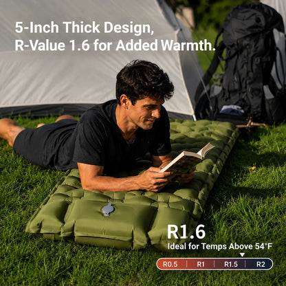 Ultra-Thick 5" Camping Sleeping Pad – Lightweight Inflatable Mat with Built-In Pillow & Foot Pump