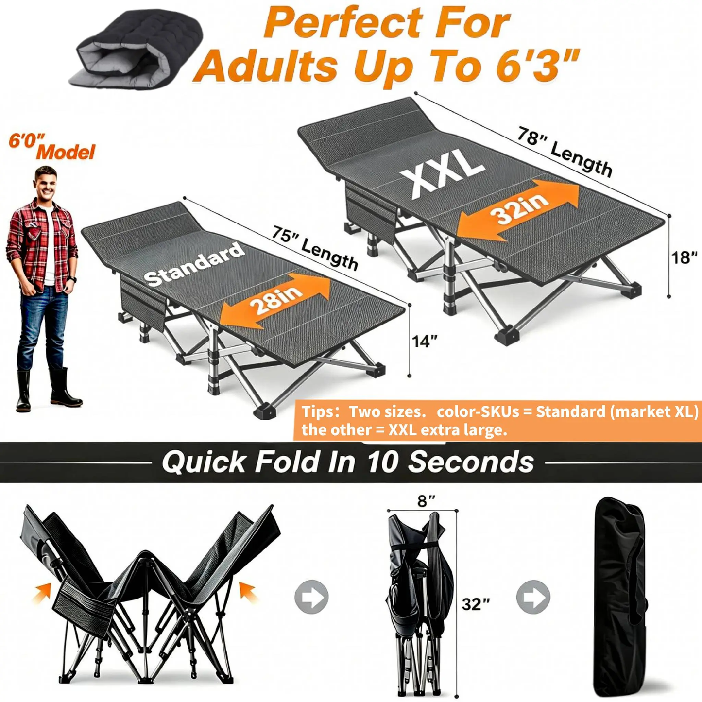 Heavy-Duty Folding Camping Cot with Mattress