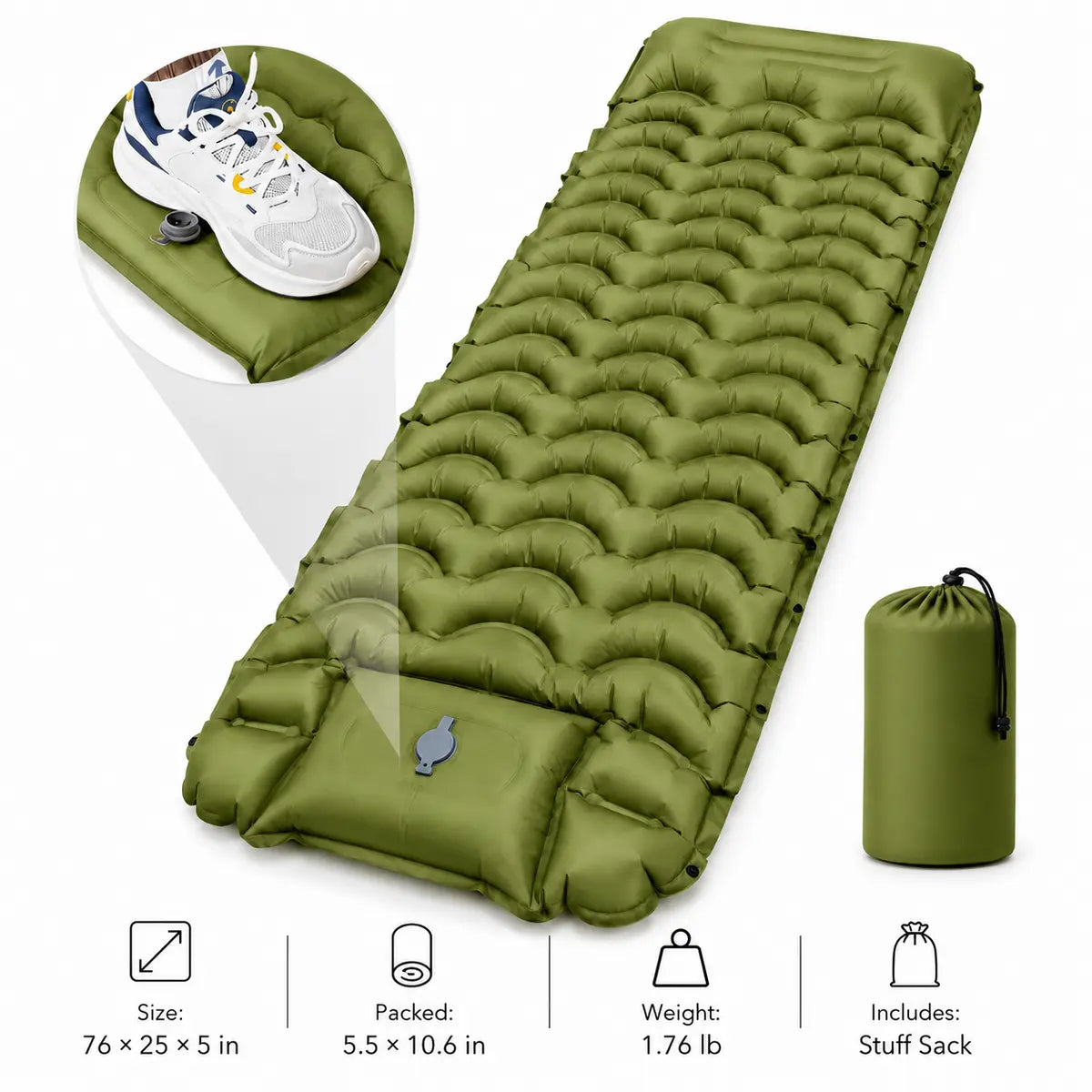 Ultra-Thick 5" Camping Sleeping Pad – Lightweight Inflatable Mat with Built-In Pillow & Foot Pump
