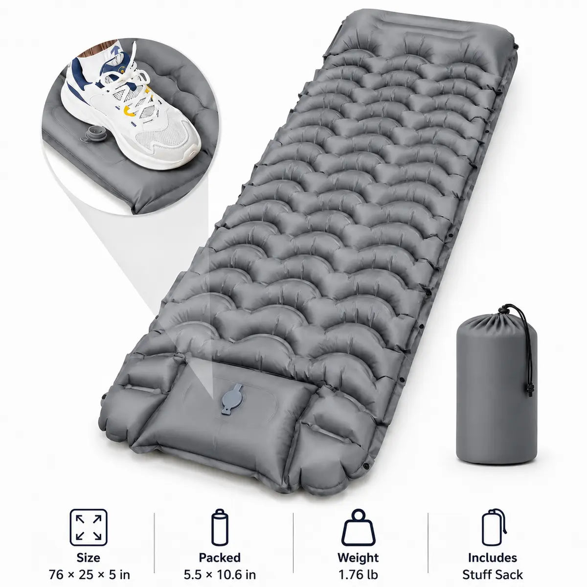 Ultra-Thick 5" Camping Sleeping Pad – Lightweight Inflatable Mat with Built-In Pillow & Foot Pump