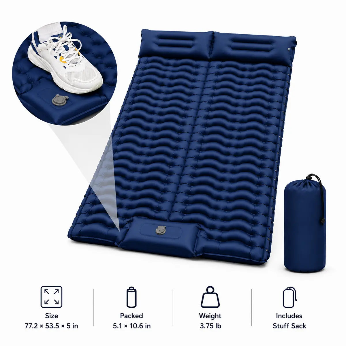 Ultra-Thick 5" Camping Sleeping Pad – Lightweight Inflatable Mat with Built-In Pillow & Foot Pump